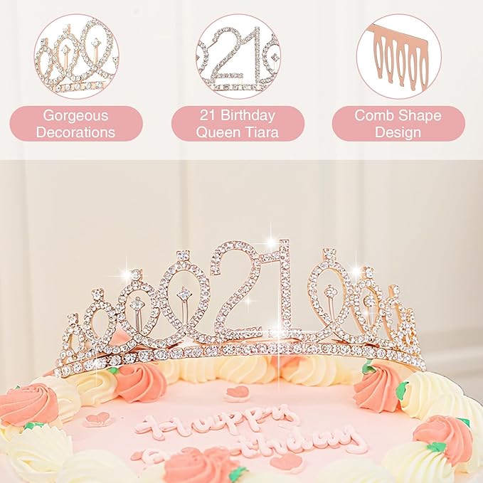 21st Birthday Gifts,Unique Engraved 21st Wine Glass,21 Year Old Birthday Decorations For Her,21&Fabulous Sash and Tiara For Women,Friends,Sister-Turning 21th Party Favor Supplies
