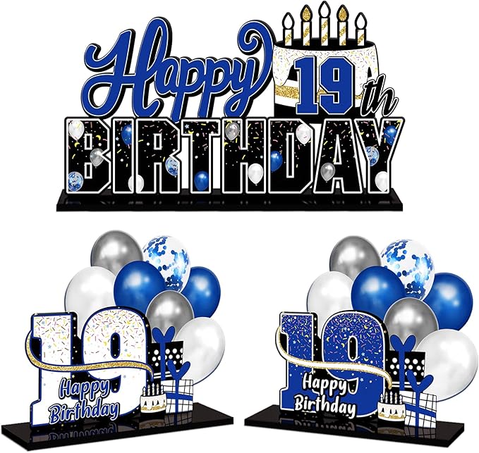 LINGTEER Happy 19th Birthday Blue Acrylic Table Topper Centerpieces Set - Cheers to Nineteen Years Old Birthday 19th Bday Party Gift Decorations.