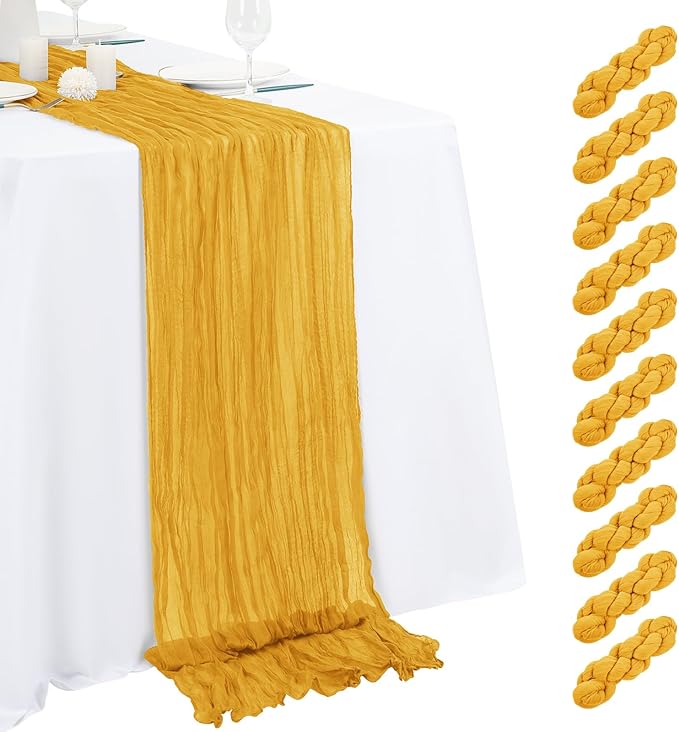 10 Pack Gold Cheesecloth Table Runner 17x108 Inch Semi Sheer Boho Gauze Cheese Cloth Table Runners, for Wedding Bridal Shower Birthday Party Home Decor Garden Farmhouse