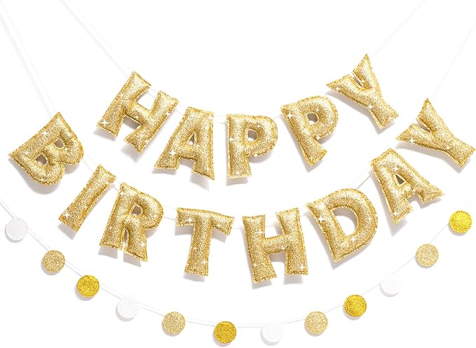 Pre-strung Gold Glitter Happy Birthday Banner Garland, Reusable Birthday Party Decorations, No DIY Gold Birthday Party Banner Sign Decor for Women Men Boys Girls Party Backdrop Party Supplies