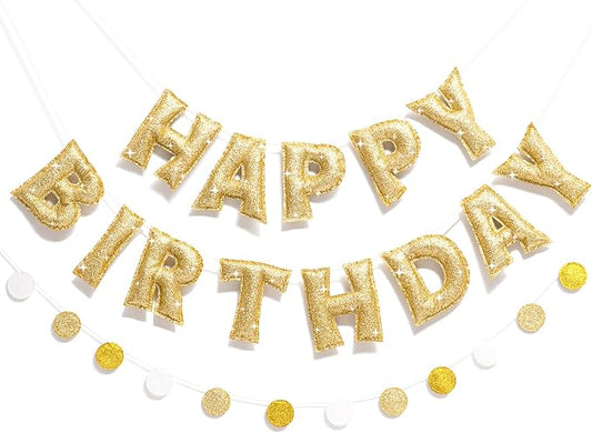 Pre-strung Gold Glitter Happy Birthday Banner Garland, Reusable Birthday Party Decorations, No DIY Gold Birthday Party Banner Sign Decor for Women Men Boys Girls Party Backdrop Party Supplies
