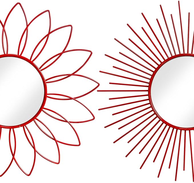 3 Pack Metal Mirrors for Wall Sunburst Wall Mirrors Home Décor Decorative Hanging Wall Art for Living Room Bedroom Entryway (Red, Flower+Sunburst)