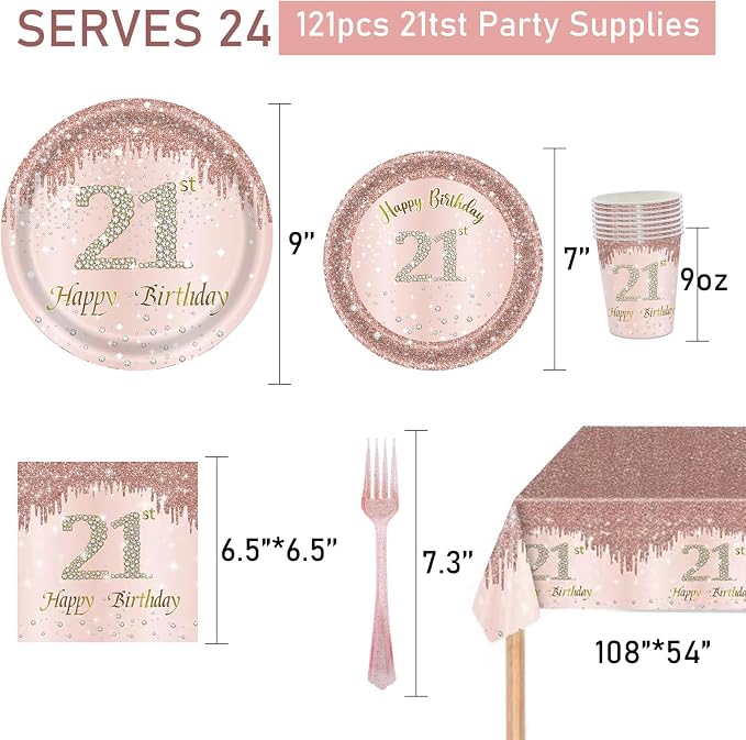 121Pcs 21st Birthday Party Supplies Plates Napkins Cups Forks Tablecloth Rose Gold Happy 21st Birthday Themed Disposable Tableware Decorations Serves 24 Guests for Women Her 21 Years