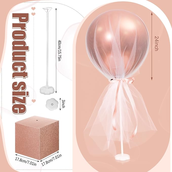 4 Set Rose Gold Confetti Tulle Tutu Balloon with Letter Boxes Baby Shower Table Centerpieces Decor for Gender Reveal 24'' Balloons White Tulle Cover with Stand, Boxes for Wedding Birthday Party