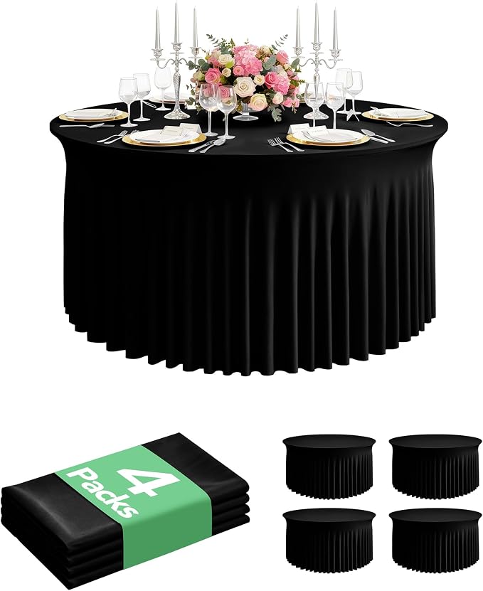 4 Pack Spandex Table Cover Skirts for 60 inch Round Tables, Black Stretch Table Cloths with Floor-Length Ruffle, Elastic Fitted Skirted Tablecloth for Elegant Wedding Banquet Party Buffet Decoration
