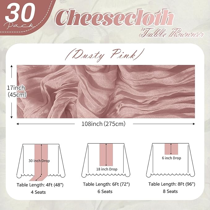 30 Pack Dusty Pink Cheesecloth Table Runner 17 x 108 inch Cheese Cloth Table Runners 9ft Pink Table Runner Rustic Romantic Sheer Gauze Runner for Wedding Party Baby Shower Table Decoration