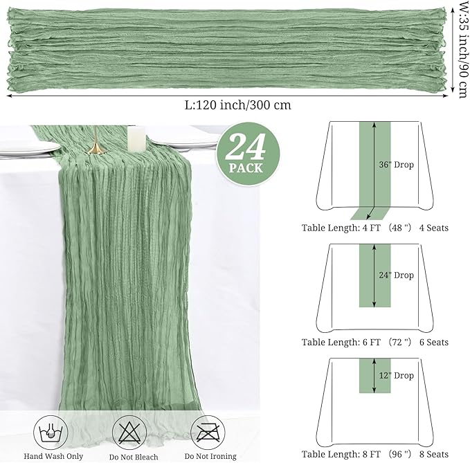 24 Pack Sage Green Cheesecloth Table Runner,10FT Boho Gauze Table Runner,35x120inch Rustic Table Runners for Wedding Party Bridal Shower Thanksgiving Christmas Boho Table Decoration