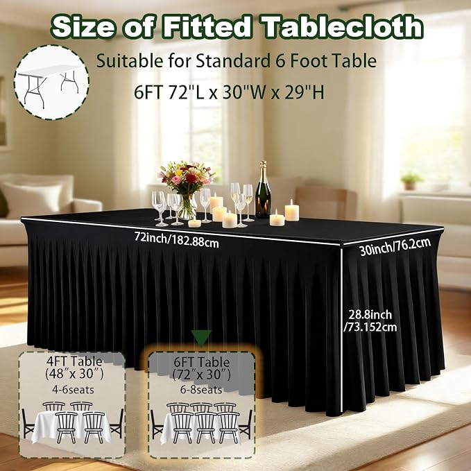 3 Pack Black Spandex Table Clothes for 6 Foot Rectangle Tables, Fitted Stretch Spandex Table Cover 6ft Black Tablecloths with Desk Skirt for Weddings Birthday Parties Banquet Baby Shower