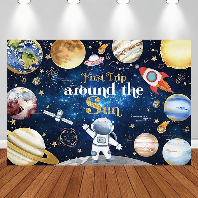 First Trip Around The Sun Baby Shower Backdrop for Kids Space Theme Birthday Party Decorations Astronaut Planets Rocket Galaxy Background Banner Photo Booth Props 7x5ft