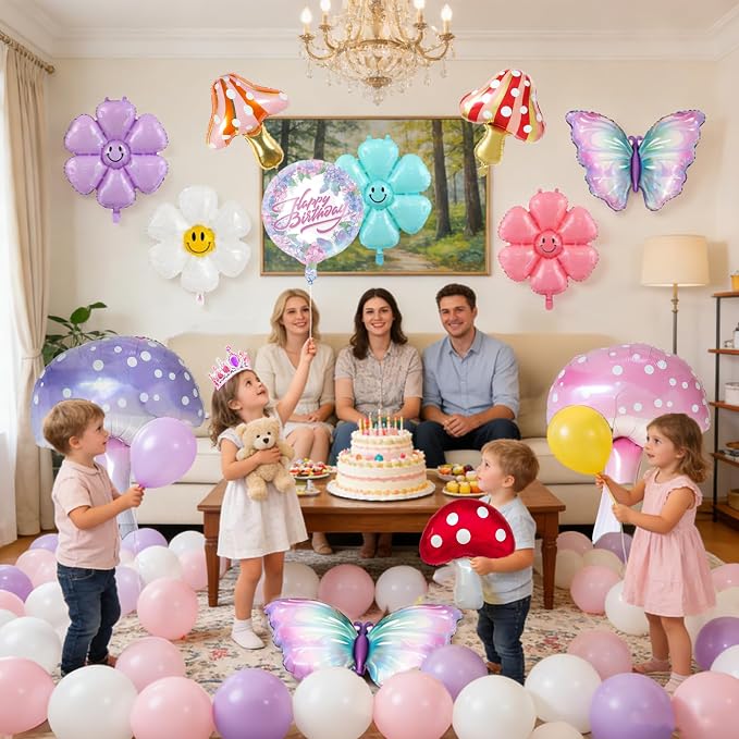 Magical Mushroom Forest Birthday Party Balloon Decor Kit - 13 PCsSet with Gradient Butterflies, Smiley Daisies & Happy Birthday Balloon | Whimsical Theme Party Decorations for Boys and Girls