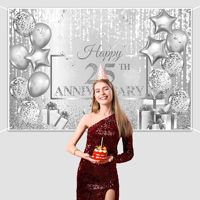 AOFOTO Happy 25th Anniversary Backdrop Glitter Grey Spots Ballons Printed Photography Background 25 Years Wedding Anniversary Party Home Wall Decor Supplies Banner Portrait Photo Studio Props 5x3ft