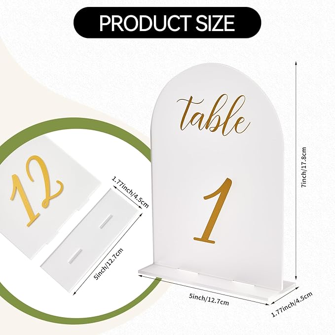 SHINVALE Arch Acrylic Wedding Table Numbers with Gold Foil Font – Frosted Finish, Elegant Modern Design with Stands, Easy Assembly Table Signs for Weddings, Parties & Events (15, 5" x 7")