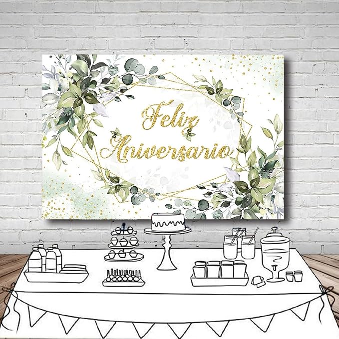 MEHOFOND 7x5ft Feliz Aniversario Backdrop Palm Leaves Happy Anniversary Wedding Valentines Mr and Mrs Background Engagement Party Banner Decorations for Photobooth Props