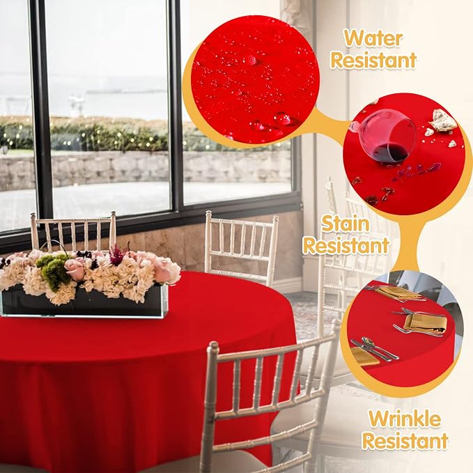 BRILLMAX 6 Pack Red Round Tablecloths 132 Inch for 72” Tables - 150 GSM Polyester Fabric, Floor Length Drop, Water, Stain & Wrinkle Resistant Cloth Cover for Wedding Reception Banquet Dining Party