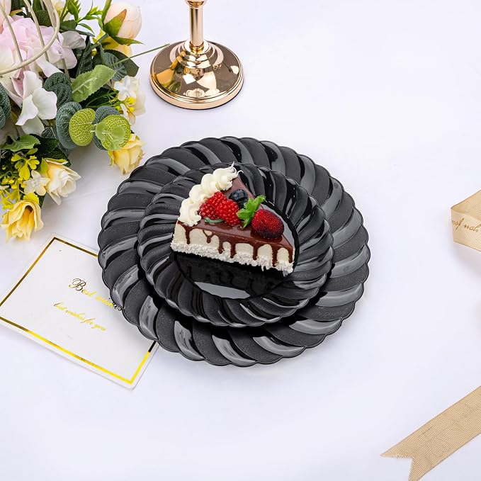U-QE 100PCS Black Plastic Plates, Heavy Duty Black Disposable Plates Including 50PCS 9inch Dinner Plates & 50PCS 6.5inch Dessert Plates -Hard Plastic Plates for Party Wedding Bridal Shower