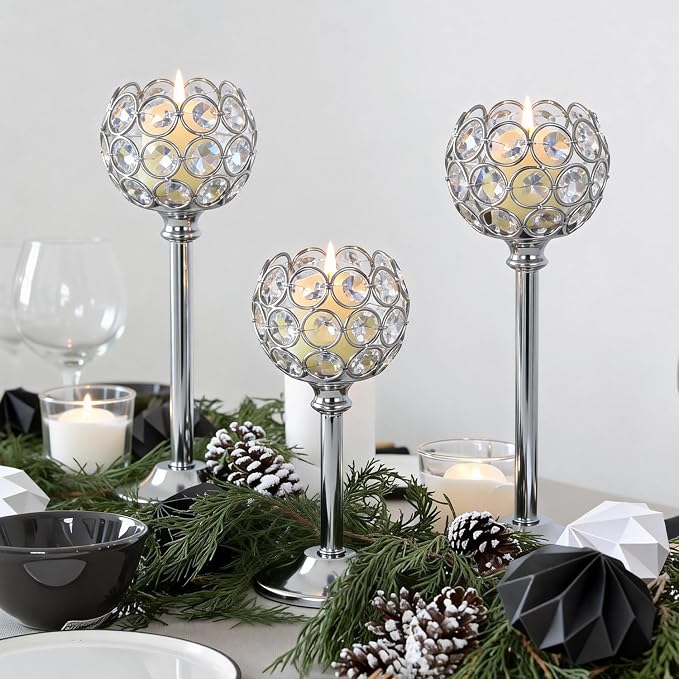 Silver Crystal Candle Holders Candlestick Holders - 4 Sets Tall Bling Bowl Candelabra Centerpieces for Dining Table, Wedding, Party & Fireplace Mantel Decor,12Pcs