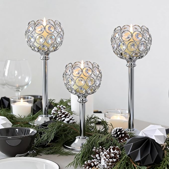 Silver Crystal Candle Holders Candlestick Holders - 2 Sets Tall Bling Bowl Candelabra Centerpieces for Dining Table, Wedding, Party & Fireplace Mantel Decor,6Pcs