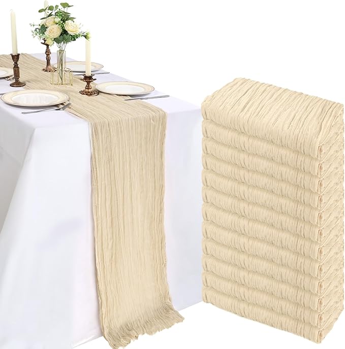 12 Pack 10FT Beige Cheesecloth Table Runner 120 Inch Long Gauze Rustic Boho Spring Cheese Cloth Table Runner Sheer Fabric Decorations for Holiday Party Wedding Banquet Bridal Baby Shower Décor