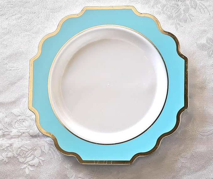 OCCASIONS 80 Plates (40 Guests) Heavy Duty Disposable Aqua & Silver Plastic Plates for Wedding Party, Elegant Dinner & Dessert Set, 40x10.5" + 40x8" - Imperial Aqua & Silver