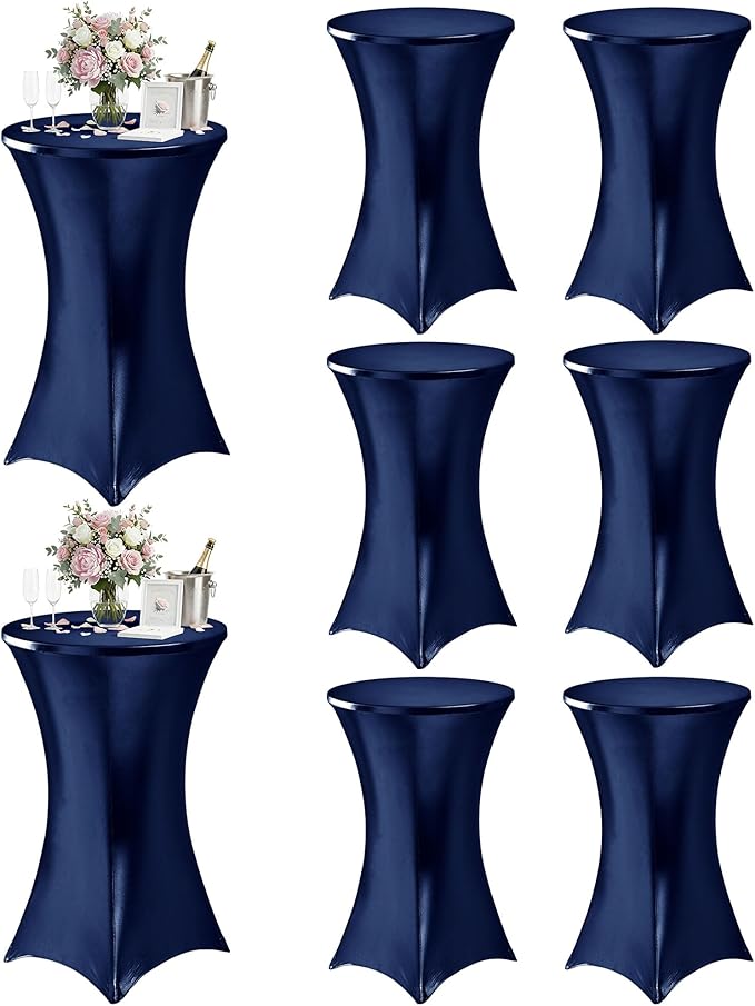 Cocktail High Top Table Covers - 32x43 Inch Fitted Spandex Round Cocktail Tablecloth for Bar Height Standing Table Cloths Reusable, for Party Wedding Banquet Event Decorations, Shiny Navy, 8 Pack