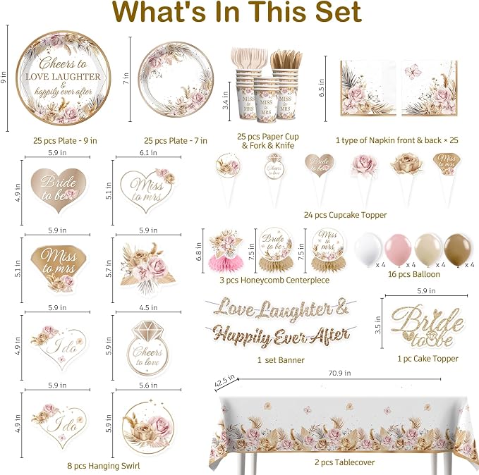 Bridal Shower Decorations, Boho Bride to Be Love Laughter & Happily Ever After Banner Bridal Shower Plates and Napkins With 2 Pcs Tablecloth Cheers to Love Wedding Shower Bachelorette Party Supplies