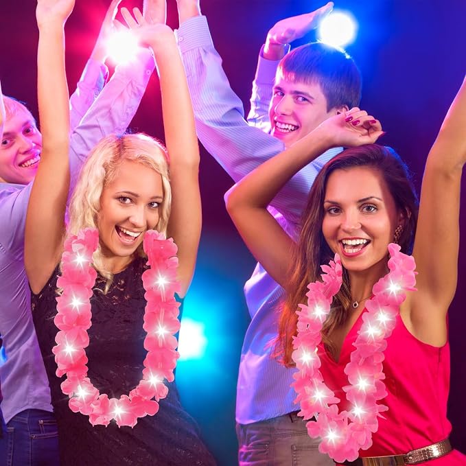 Sherr 48 Pcs LED Hawaiian Leis Light up Flower Leis Necklace with LED Lights Luau Flowers Necklaces for Masquerade Beach Wedding Tropical Themed Party Supplies (Rose Pink)