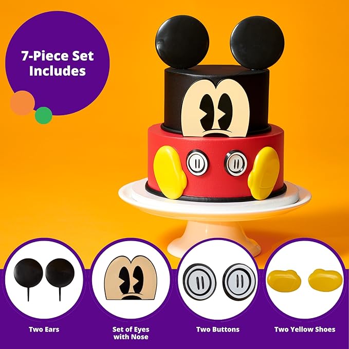 DecoSet® Disney Mickey Mouse Cake Topper, 7-Piece Topper Set with Ears, Eyes, Buttons and Shoes, Made of Food-Safe Plastic