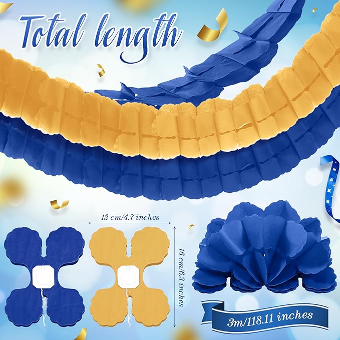 Epakh 12 Pcs Blue and Gold Streamers Garland 2026 Graduation Decorations 9.84 ft Four Leaf Clover Paper Chain Garland Party Banner for Birthday Wedding Bridal Neutral Baby Shower Backdrop Decor