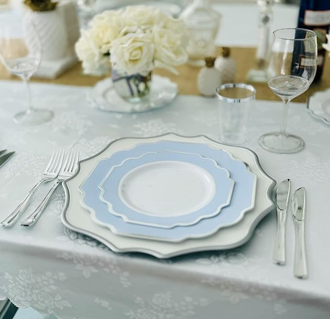 OCCASIONS 240 Heavyweight Disposable Plastic Plates (120 Guests) - Fancy Wedding Party Dinnerware, 120 Each 10.5" Dinner & 8" Dessert (Imperial in White/Blue & Silver)