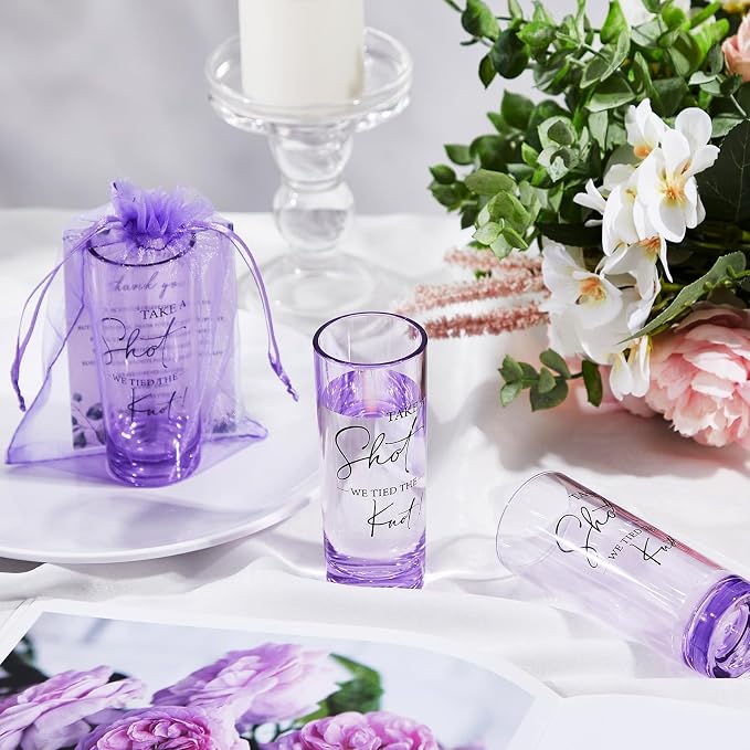 Sliner 50 Set Wedding Favors for Guests Bulk 2oz Acrylic Take a Shot We Tied the Knot Shot Glasses with Thank You Cards Organza Bags for Guest Souvenir Wedding Bridal Shower Gifts (Purple,Black)