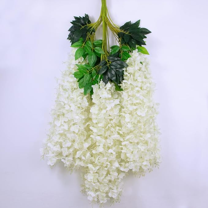 24 Pack Artificial Wisteria Hanging Flowers Fake Wisteria Flower Garland Silk Vines Rattan Decor for Home Wedding Arch Wall Garden Greenery Bedroom Outdoor Office Party Decoration (White)