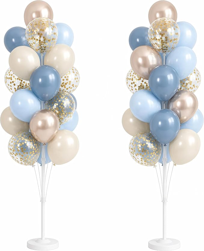 HIINS Balloon Column Kit Set of 2 with Dusty Pastel Blue Gold Balloon Base&Pole,Balloon Tower Backdrop Decoration for Wedding, Baby Shower, Birthday Party, Bridal Engagement