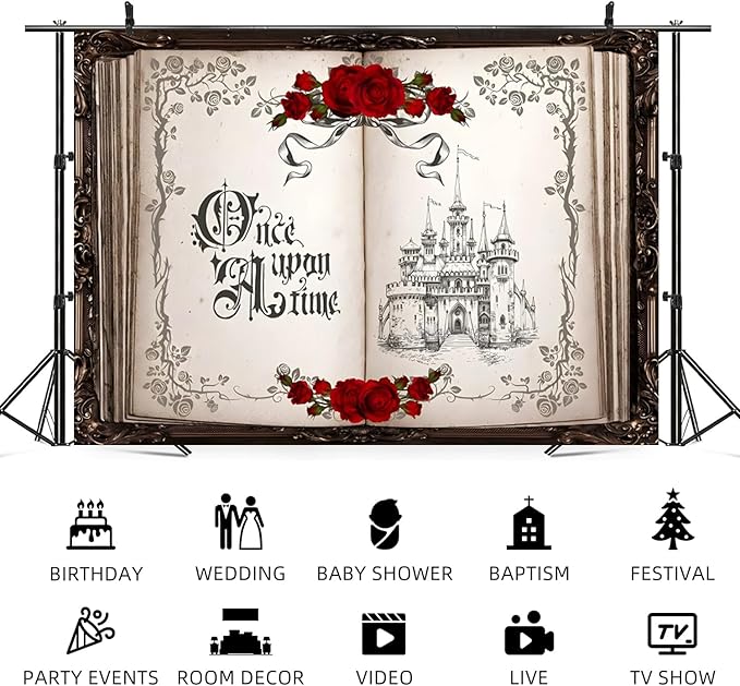 12x8ft Once Upon a Time Backdrop Princess Castle Wedding Party Photography Background Fairytale Book Romantic Story Red Roses Bridal Shower Decorations Birthday Portrait Photo Booth Prop