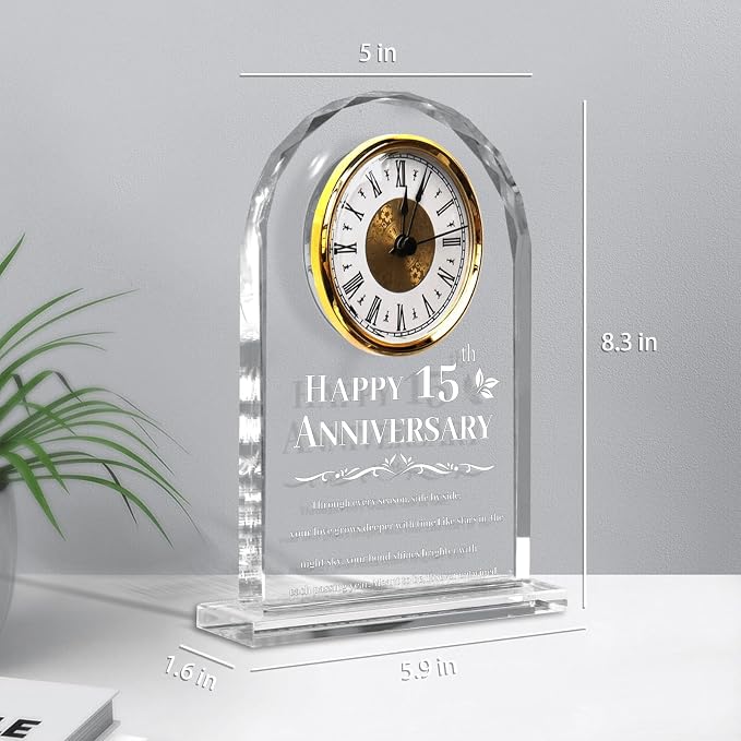 15th Wedding Anniversary Clock Gifts for Couples - Elegant Crystal Glass Clock Keepsake for Husband & Wife - Unique Home Decor for 15 Years of Marriage