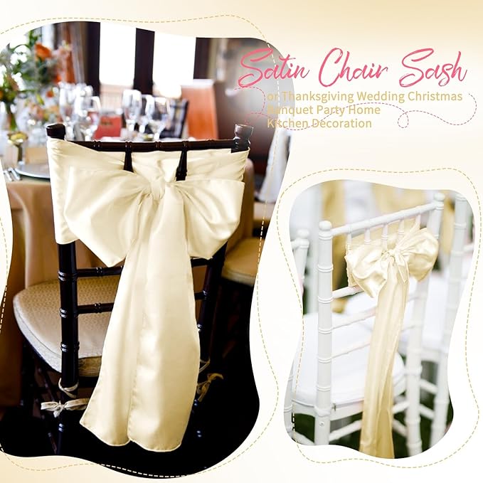 60 PCS Ivory Satin Chair Sashes, Ties Bows Designed Chairs Decorative, Chair Cover Sashes for Thanksgiving Wedding Christmas Banquet Party Home Kitchen Decoration (7 x 108 inch)