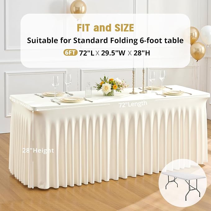 4 Pack Ivory Spandex Tablecloths for Rectangle Tables 6 Foot Ivory Stretch Table Cloth Rectangle 6ft Elastic Fitted Table Cover with Skirt for Wedding Birthday Party Banquet Baby Shower Buffet Event