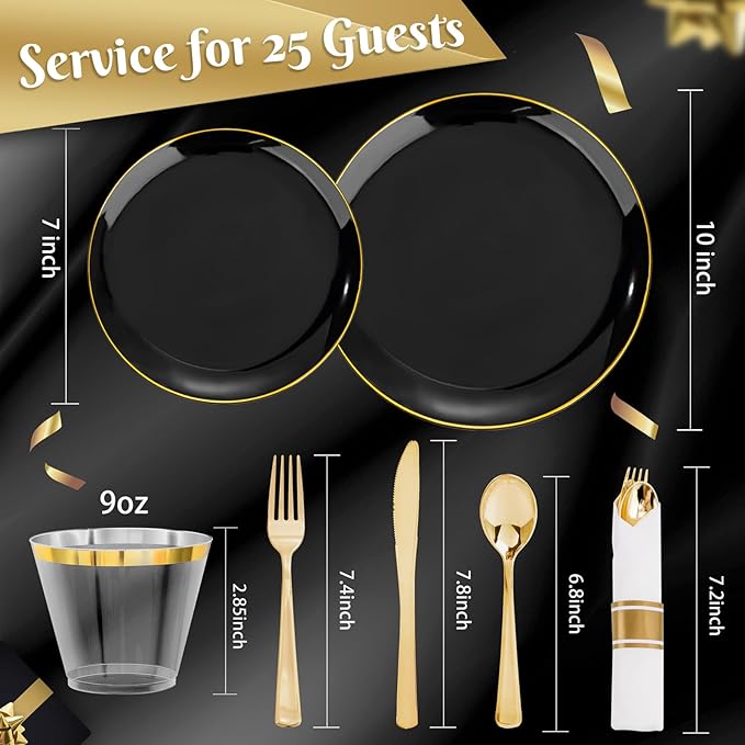 KIRE 175Pcs Black Plates Disposable - Heavy Duty Black and Gold Plastic Plates- 25 for Dinner 25 for Dessert 25 Pre Rolled Gold Silverware and 25 Cups for Graduation/Birthday Party/Wedding