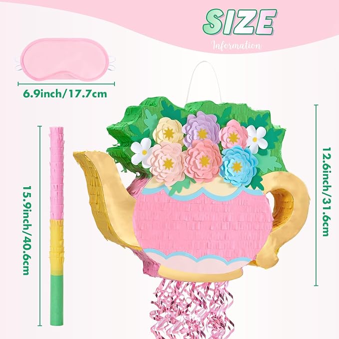 WERNNSAI Teapot Piñata - Tea Party Decoration Garden Flower Piñata for Afternoon Tea Party Decor Bridal Baby Shower Garden Party Supply Mother’s Birthday Favor with Blindfold Stick