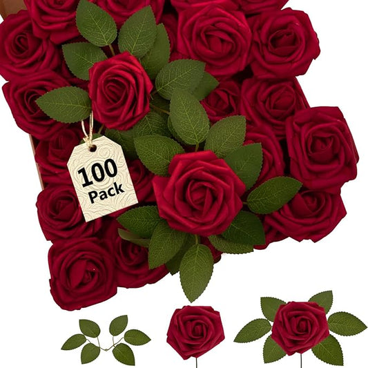 SPORTYOUTH 100Pcs Artificial Flowers Red Foam Fake Roses Bulk with Stems, Valentines Gift & Decor, Real Looking for DIY Wedding Bouquets Centerpiece Bridal Shower Party Home Mother Wife