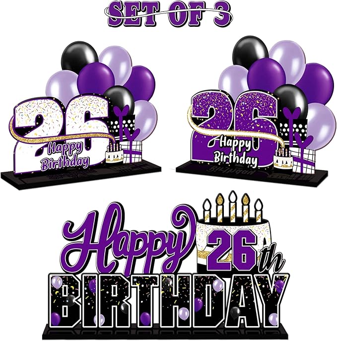 LINGTEER Happy 26th Birthday Purple Acrylic Table Topper Centerpieces Set - Cheers to 26 Years Old Birthday 26th Bday Party Gift Decorations.