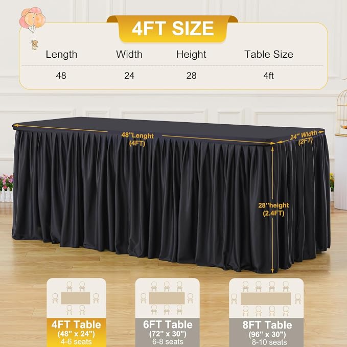 2 Packs Black Tableclothes for 4 Foot Rectangle Tables, Wrinkle Free Fitted Table Cloth 4ft Stretch Table Cover with Skirt for Parties Weddings Birthday Banquet Baby Shower