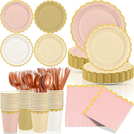 Mimorou 169 Pcs Champagne-gold Beige Plates and Napkins Party Supplies Rose Gold Tableware Include Scalloped Pink Plates Paper Napkin Cup Spoon Fork Knife for Boho Baby Shower, Wedding, Birthday