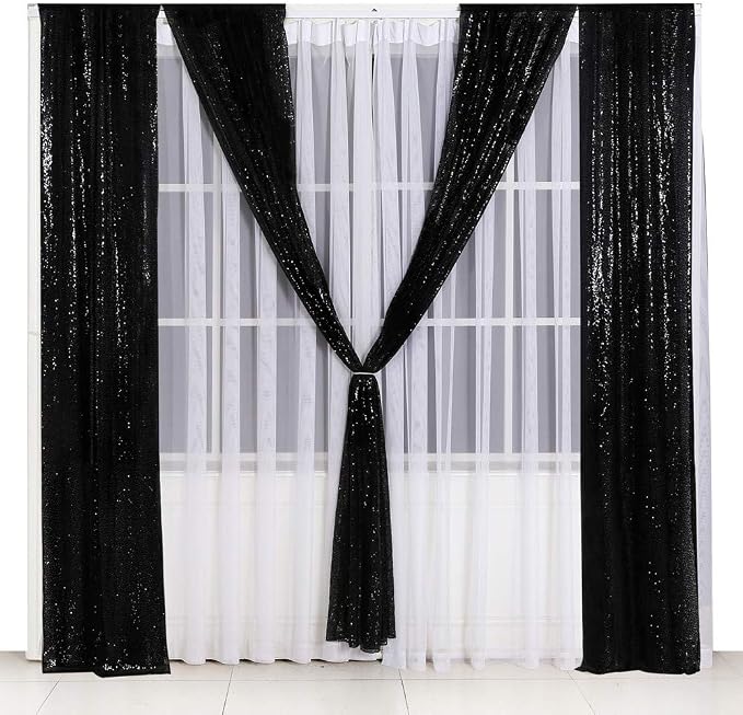 SquarePie 2 PCS 2x8ft Black Sequin Backdrop Curtains, Satin-Backed Shimmering Photo Booth Background, 2 Panels Narrow Real Sequin Drapes with 4" Rod Pocket for Party, Baby Shower, Doorway Decor