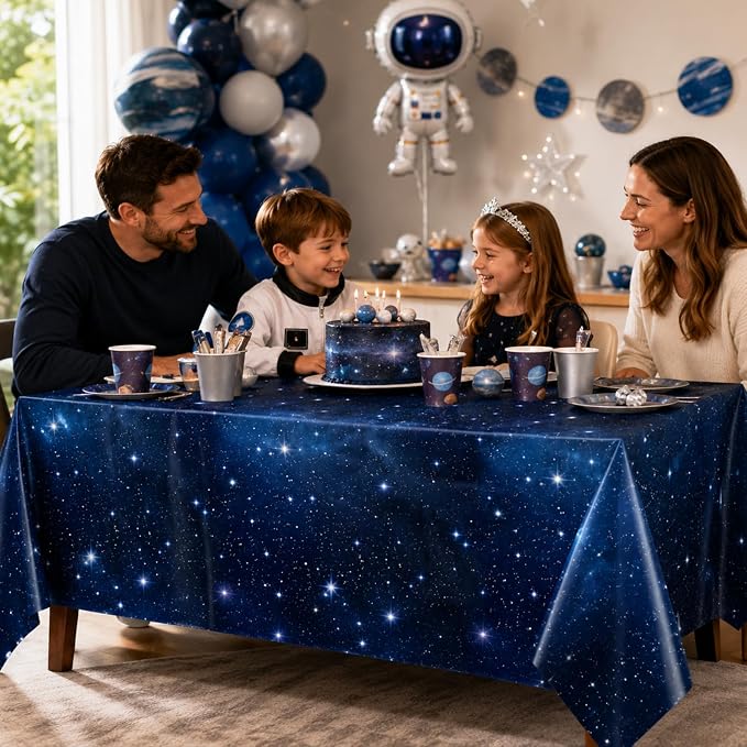 Hallswl 100ft x 54in Space Tablecloth Roll, Disposable Plastic Galaxy Table Cloth Blue Starry Sky Design Rectangle Table Covers for Kids Science Party, Birthday, Space Theme Party Decorations