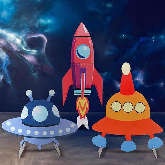 Leinuosen 3 Pcs Large Space Party Stand Decorations Set Spacecraft Rocket Baby Shower Decorations Outer Space UFO Theme Birthday Camping Party Supplies Decor for Birthday
