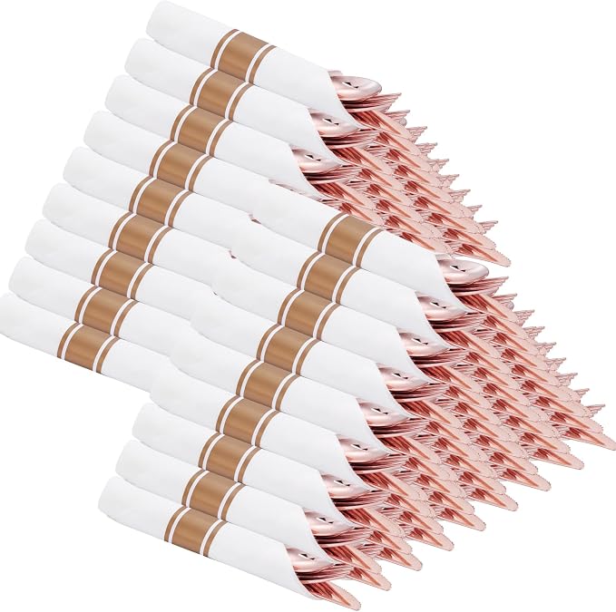 Supernal 100pack Rose Gold Plastic Silverware with Napkins, Prewrapped & Rolled Rose Gold Disposable Utensils, Elegant Pink Gold Cutlery Rolls for Wedding, Baby Shower & Party