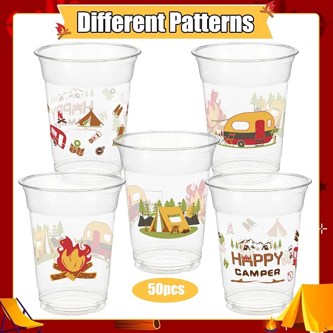 Camping Party Decorations Cups, 50 Pcs 12Oz Bulk Disposable Drinking Camping Theme Plastic Cups for BBQ Coffee Tea Beverage Backyard Birthday Shower Wedding Christmas Party Decorations Favors