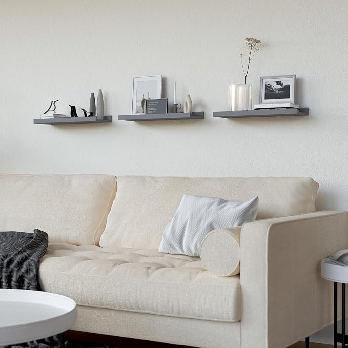 RICHER HOUSE 3 Set Floating Shelves for Wall, 16 inches Wall Mounted Shelves with Lip for Storage, Display Picture Ledge Shelf for Bedroom Bathroom Kitchen Living Room Decor, Modern Grey