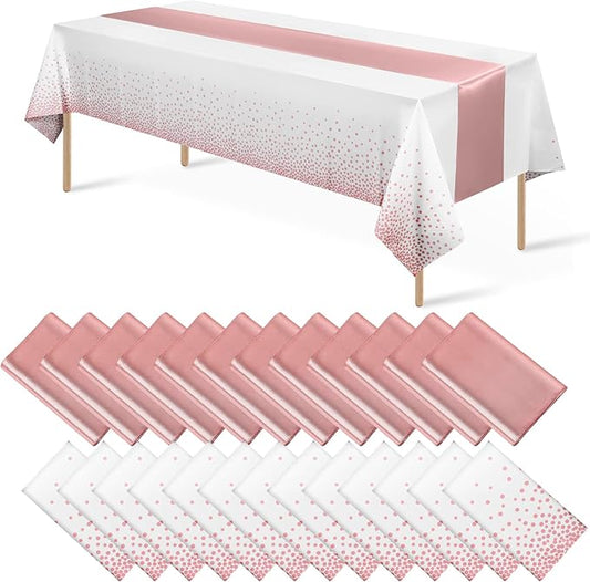 MASHAN 24 Pack White and Rose Gold Tablecloth Set - Rectangular PEVA Tablecloths and Satin Table Runners for Wedding, Baby Shower, Anniversary, Christmas, New Year Party