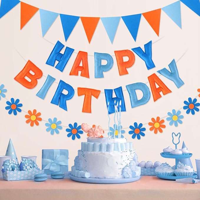 YEOCU Happy Birthday Decorations, No DIY, Pre-Strung 3D Banner | Blue & Orange, 3D felt banner, flower garland & flags. No DIY, reusable for kids & women.